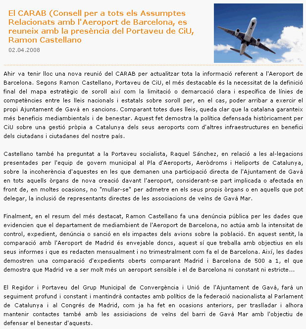 Información publicada en la web de CiU de Gavà sobre la CARAB convocada por el Ayuntamiento de Gavà el pasado 1 de Abril de 2008